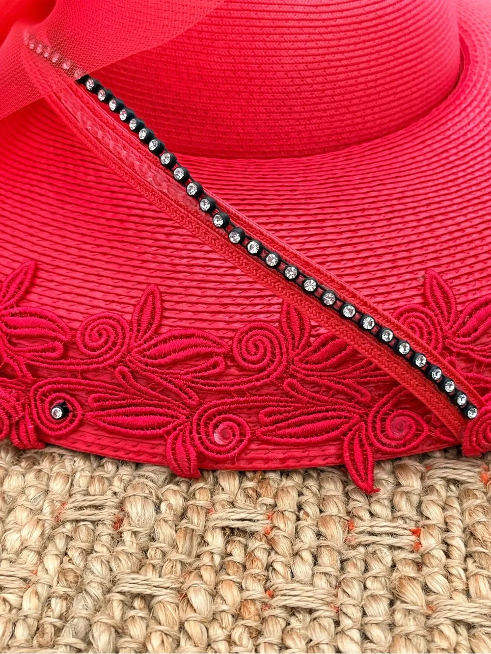 Wide-Brim Decorative Red Women's Hat with Braided Trim & Tulle Flower